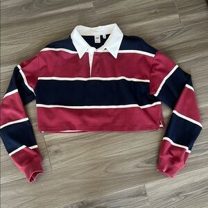 Cropped Rugby Stripe Sweater - Red & Navy with White Collar